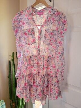 NWT Sincerely Ours Pink Floral Ruffled Sheer Long Sleeve Dress, Size Small NEW